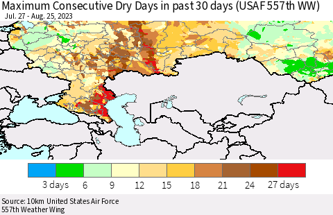 Russian Federation Maximum Consecutive Dry Days in past 30 days (USAF 557th WW) 08/25/2023 Thematic Map For 8/21/2023 - 8/25/2023