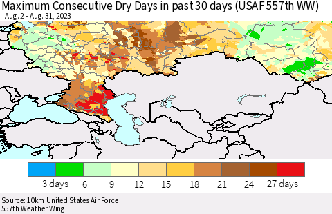 Russian Federation Maximum Consecutive Dry Days in past 30 days (USAF 557th WW) 08/31/2023 Thematic Map For 8/26/2023 - 8/31/2023