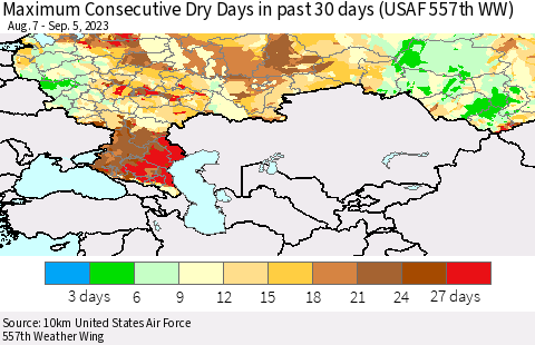 Russian Federation Maximum Consecutive Dry Days in past 30 days (USAF 557th WW) 09/05/2023 Thematic Map For 9/1/2023 - 9/5/2023
