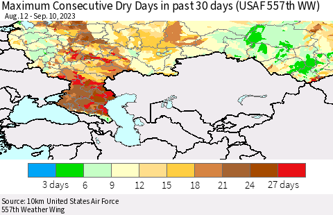 Russian Federation Maximum Consecutive Dry Days in past 30 days (USAF 557th WW) 09/10/2023 Thematic Map For 9/6/2023 - 9/10/2023