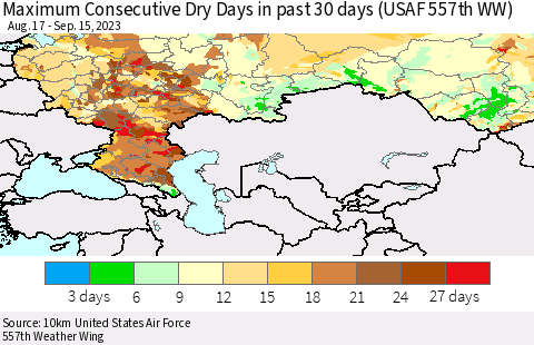 Russian Federation Maximum Consecutive Dry Days in past 30 days (USAF 557th WW) 09/15/2023 Thematic Map For 9/11/2023 - 9/15/2023