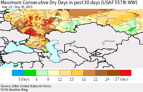Russian Federation Maximum Consecutive Dry Days in past 30 days (USAF 557th WW) 09/20/2023 Thematic Map For 9/16/2023 - 9/20/2023