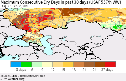 Russian Federation Maximum Consecutive Dry Days in past 30 days (USAF 557th WW) 09/25/2023 Thematic Map For 9/21/2023 - 9/25/2023