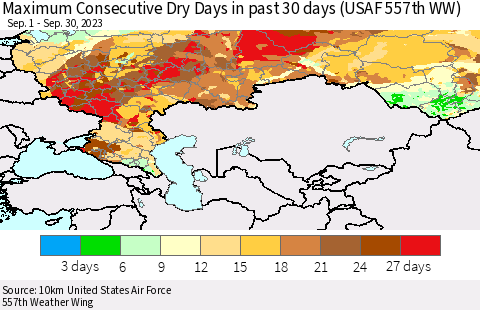 Russian Federation Maximum Consecutive Dry Days in past 30 days (USAF 557th WW) 09/30/2023 Thematic Map For 9/26/2023 - 9/30/2023