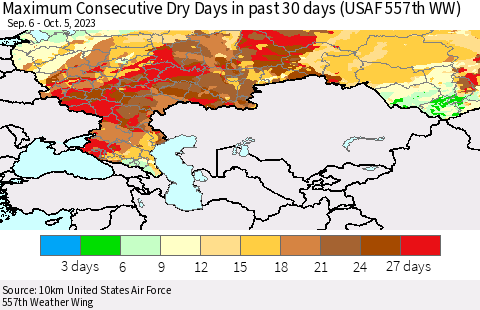 Russian Federation Maximum Consecutive Dry Days in past 30 days (USAF 557th WW) 10/05/2023 Thematic Map For 10/1/2023 - 10/5/2023