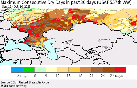 Russian Federation Maximum Consecutive Dry Days in past 30 days (USAF 557th WW) 10/10/2023 Thematic Map For 10/6/2023 - 10/10/2023