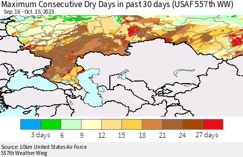 Russian Federation Maximum Consecutive Dry Days in past 30 days (USAF 557th WW) 10/15/2023 Thematic Map For 10/11/2023 - 10/15/2023