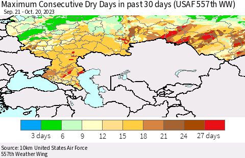 Russian Federation Maximum Consecutive Dry Days in past 30 days (USAF 557th WW) 10/20/2023 Thematic Map For 10/16/2023 - 10/20/2023