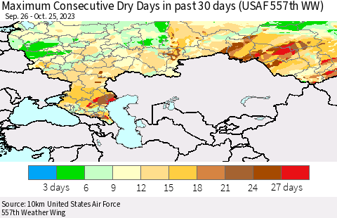 Russian Federation Maximum Consecutive Dry Days in past 30 days (USAF 557th WW) 10/25/2023 Thematic Map For 10/21/2023 - 10/25/2023