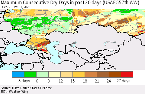 Russian Federation Maximum Consecutive Dry Days in past 30 days (USAF 557th WW) 10/31/2023 Thematic Map For 10/26/2023 - 10/31/2023