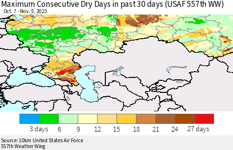 Russian Federation Maximum Consecutive Dry Days in past 30 days (USAF 557th WW) 11/05/2023 Thematic Map For 11/1/2023 - 11/5/2023