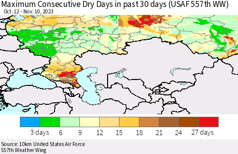 Russian Federation Maximum Consecutive Dry Days in past 30 days (USAF 557th WW) 11/10/2023 Thematic Map For 11/6/2023 - 11/10/2023
