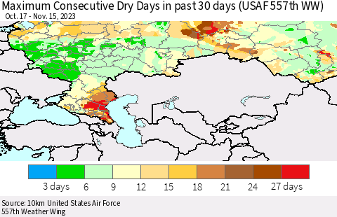 Russian Federation Maximum Consecutive Dry Days in past 30 days (USAF 557th WW) 11/15/2023 Thematic Map For 11/11/2023 - 11/15/2023