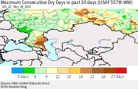 Russian Federation Maximum Consecutive Dry Days in past 30 days (USAF 557th WW) 11/20/2023 Thematic Map For 11/16/2023 - 11/20/2023