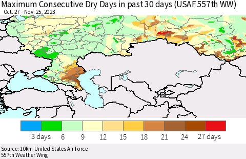 Russian Federation Maximum Consecutive Dry Days in past 30 days (USAF 557th WW) 11/25/2023 Thematic Map For 11/21/2023 - 11/25/2023