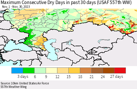 Russian Federation Maximum Consecutive Dry Days in past 30 days (USAF 557th WW) 11/30/2023 Thematic Map For 11/26/2023 - 11/30/2023