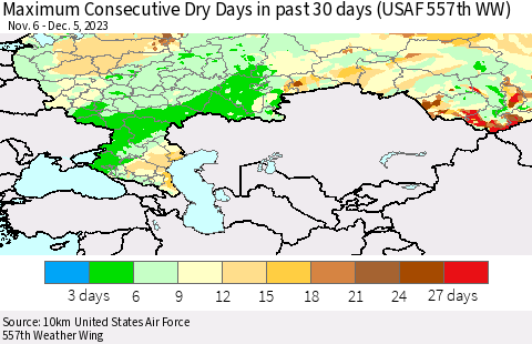 Russian Federation Maximum Consecutive Dry Days in past 30 days (USAF 557th WW) 12/05/2023 Thematic Map For 12/1/2023 - 12/5/2023