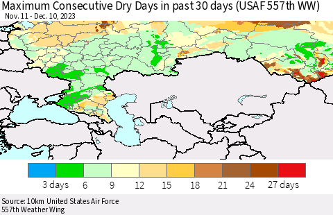Russian Federation Maximum Consecutive Dry Days in past 30 days (USAF 557th WW) 12/10/2023 Thematic Map For 12/6/2023 - 12/10/2023