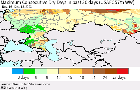 Russian Federation Maximum Consecutive Dry Days in past 30 days (USAF 557th WW) 12/15/2023 Thematic Map For 12/11/2023 - 12/15/2023