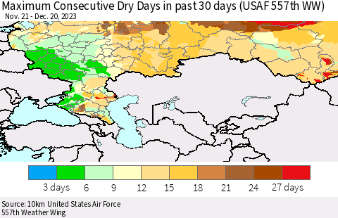 Russian Federation Maximum Consecutive Dry Days in past 30 days (USAF 557th WW) 12/20/2023 Thematic Map For 12/16/2023 - 12/20/2023