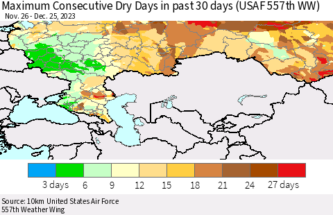 Russian Federation Maximum Consecutive Dry Days in past 30 days (USAF 557th WW) 12/25/2023 Thematic Map For 12/21/2023 - 12/25/2023