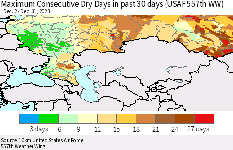 Russian Federation Maximum Consecutive Dry Days in past 30 days (USAF 557th WW) 12/31/2023 Thematic Map For 12/26/2023 - 12/31/2023