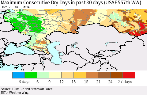 Russian Federation Maximum Consecutive Dry Days in past 30 days (USAF 557th WW) 01/05/2024 Thematic Map For 1/1/2024 - 1/5/2024