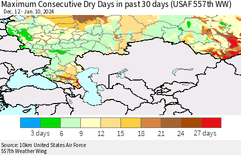 Russian Federation Maximum Consecutive Dry Days in past 30 days (USAF 557th WW) 01/10/2024 Thematic Map For 1/6/2024 - 1/10/2024