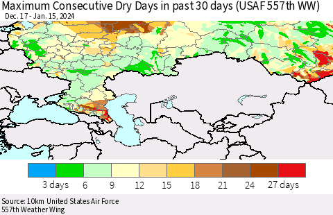 Russian Federation Maximum Consecutive Dry Days in past 30 days (USAF 557th WW) 01/15/2024 Thematic Map For 1/11/2024 - 1/15/2024