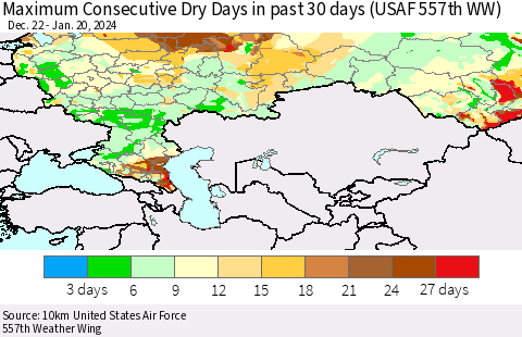 Russian Federation Maximum Consecutive Dry Days in past 30 days (USAF 557th WW) 01/20/2024 Thematic Map For 1/16/2024 - 1/20/2024