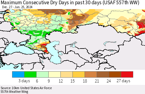 Russian Federation Maximum Consecutive Dry Days in past 30 days (USAF 557th WW) 01/25/2024 Thematic Map For 1/21/2024 - 1/25/2024