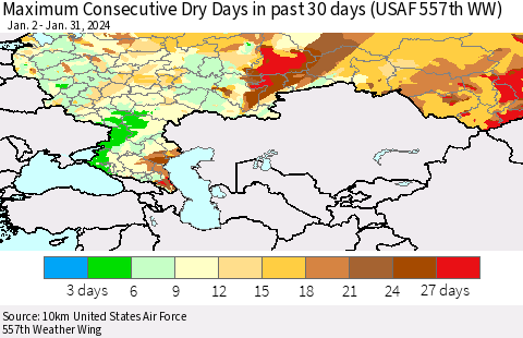 Russian Federation Maximum Consecutive Dry Days in past 30 days (USAF 557th WW) 01/31/2024 Thematic Map For 1/26/2024 - 1/31/2024