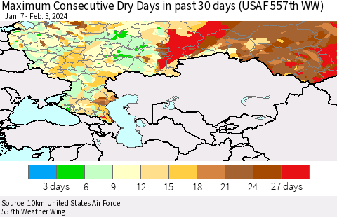 Russian Federation Maximum Consecutive Dry Days in past 30 days (USAF 557th WW) 02/05/2024 Thematic Map For 2/1/2024 - 2/5/2024