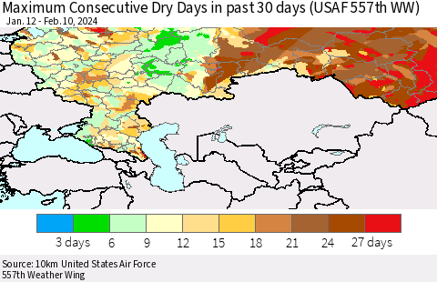 Russian Federation Maximum Consecutive Dry Days in past 30 days (USAF 557th WW) 02/10/2024 Thematic Map For 2/6/2024 - 2/10/2024