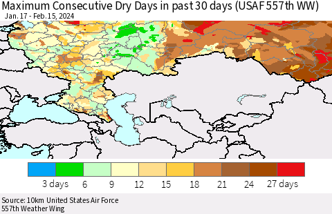 Russian Federation Maximum Consecutive Dry Days in past 30 days (USAF 557th WW) 02/15/2024 Thematic Map For 2/11/2024 - 2/15/2024