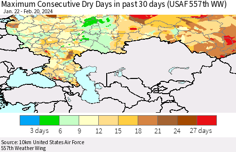 Russian Federation Maximum Consecutive Dry Days in past 30 days (USAF 557th WW) 02/20/2024 Thematic Map For 2/16/2024 - 2/20/2024