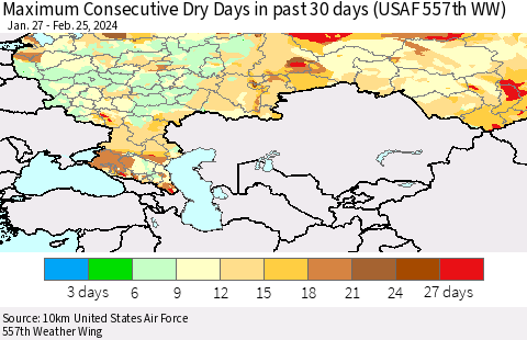 Russian Federation Maximum Consecutive Dry Days in past 30 days (USAF 557th WW) 02/25/2024 Thematic Map For 2/21/2024 - 2/25/2024