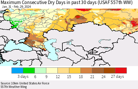 Russian Federation Maximum Consecutive Dry Days in past 30 days (USAF 557th WW) 02/29/2024 Thematic Map For 2/26/2024 - 2/29/2024