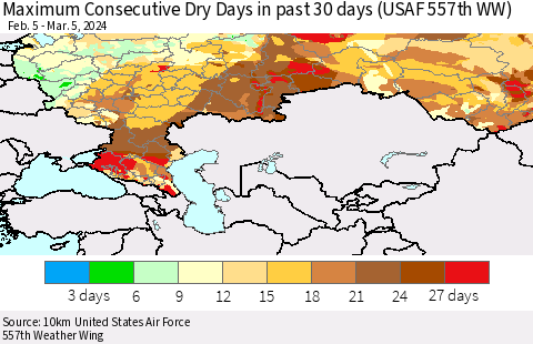 Russian Federation Maximum Consecutive Dry Days in past 30 days (USAF 557th WW) 03/05/2024 Thematic Map For 3/1/2024 - 3/5/2024