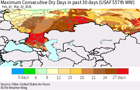 Russian Federation Maximum Consecutive Dry Days in past 30 days (USAF 557th WW) 03/10/2024 Thematic Map For 3/6/2024 - 3/10/2024