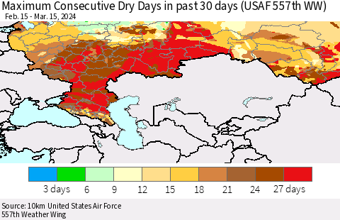 Russian Federation Maximum Consecutive Dry Days in past 30 days (USAF 557th WW) 03/15/2024 Thematic Map For 3/11/2024 - 3/15/2024