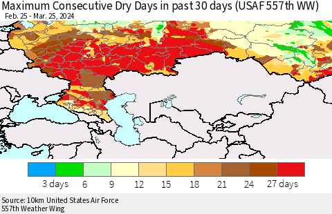 Russian Federation Maximum Consecutive Dry Days in past 30 days (USAF 557th WW) 03/25/2024 Thematic Map For 3/21/2024 - 3/25/2024