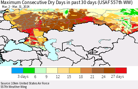 Russian Federation Maximum Consecutive Dry Days in past 30 days (USAF 557th WW) 03/31/2024 Thematic Map For 3/26/2024 - 3/31/2024