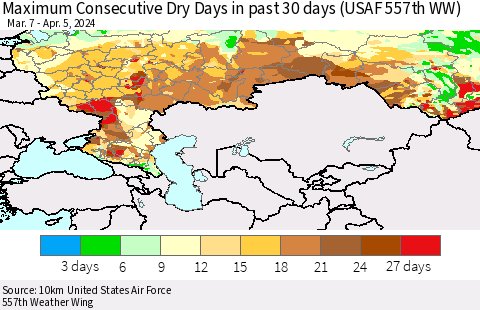Russian Federation Maximum Consecutive Dry Days in past 30 days (USAF 557th WW) 04/05/2024 Thematic Map For 4/1/2024 - 4/5/2024