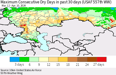 Russian Federation Maximum Consecutive Dry Days in past 30 days (USAF 557th WW) 04/10/2024 Thematic Map For 4/6/2024 - 4/10/2024