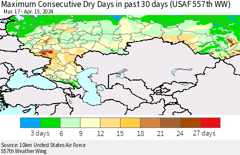 Russian Federation Maximum Consecutive Dry Days in past 30 days (USAF 557th WW) 04/15/2024 Thematic Map For 4/11/2024 - 4/15/2024