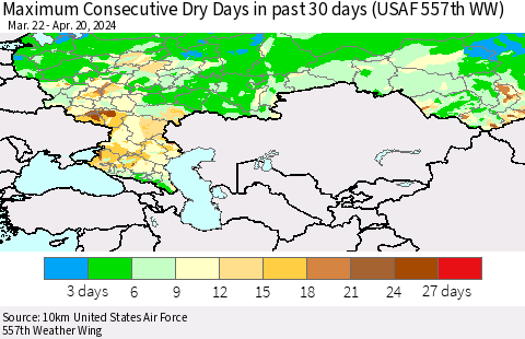 Russian Federation Maximum Consecutive Dry Days in past 30 days (USAF 557th WW) 04/20/2024 Thematic Map For 4/16/2024 - 4/20/2024
