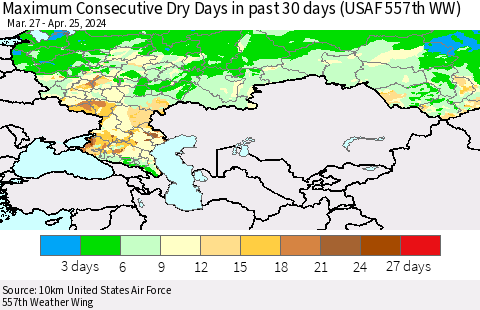 Russian Federation Maximum Consecutive Dry Days in past 30 days (USAF 557th WW) 04/25/2024 Thematic Map For 4/21/2024 - 4/25/2024