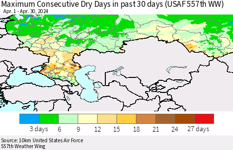Russian Federation Maximum Consecutive Dry Days in past 30 days (USAF 557th WW) 04/30/2024 Thematic Map For 4/26/2024 - 4/30/2024