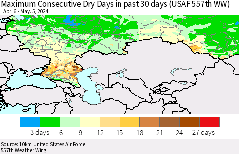 Russian Federation Maximum Consecutive Dry Days in past 30 days (USAF 557th WW) 05/05/2024 Thematic Map For 5/1/2024 - 5/5/2024